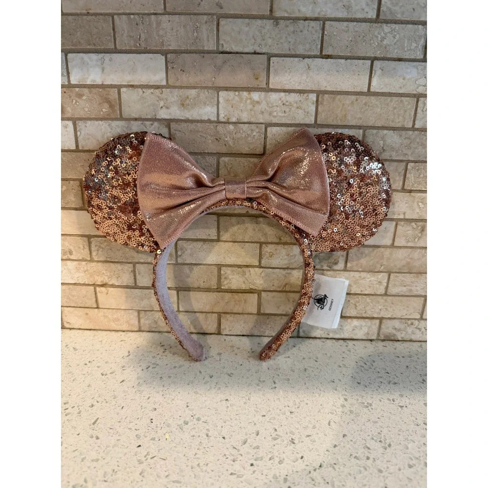 Disney Parks Minnie Mouse Headband Metallic Sequins Satin Bow Rose Gold OSFM
